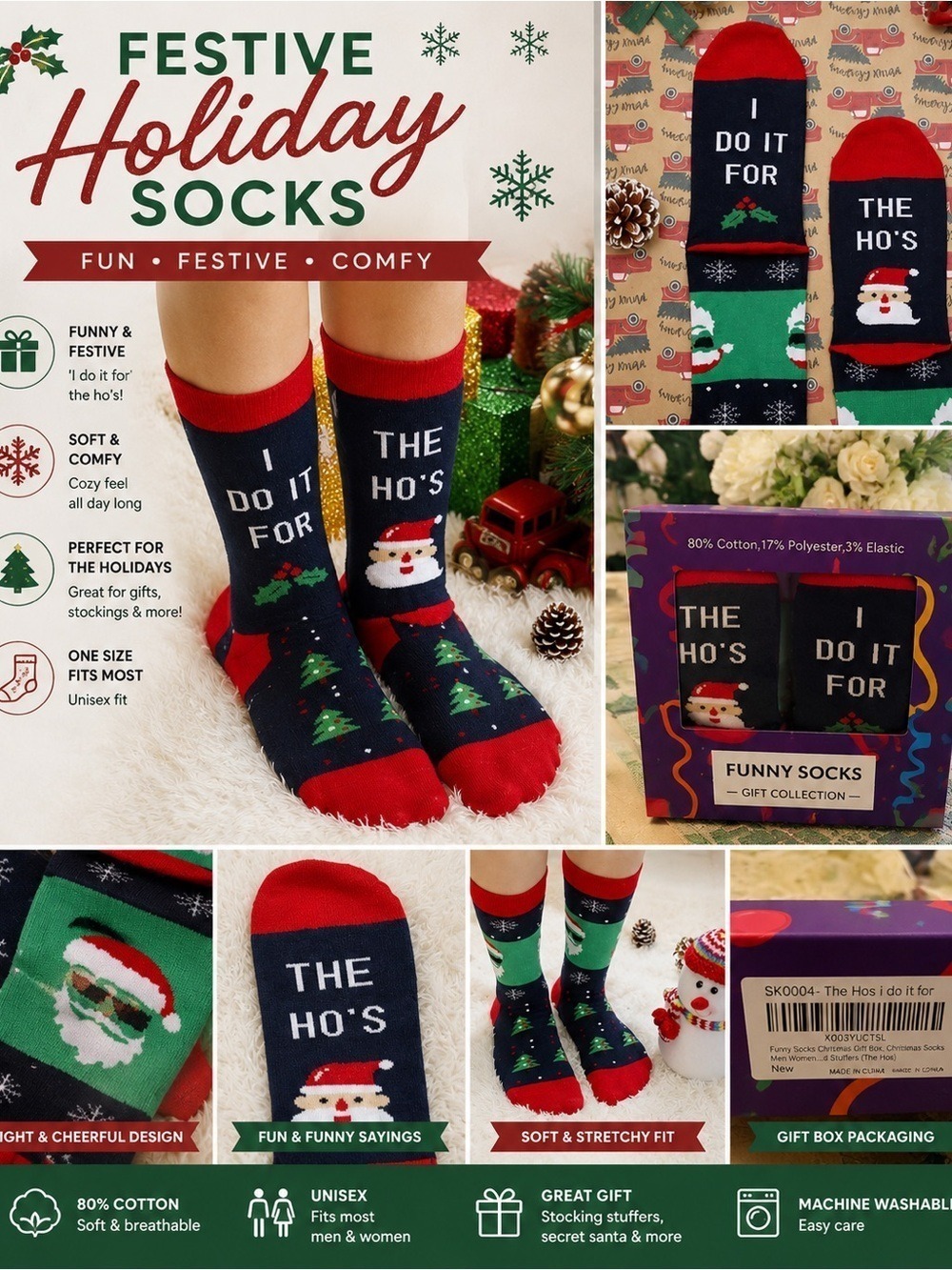 Funny Christmas Socks “I Do It For The Ho’s” Novelty Gift Box Unisex Holiday